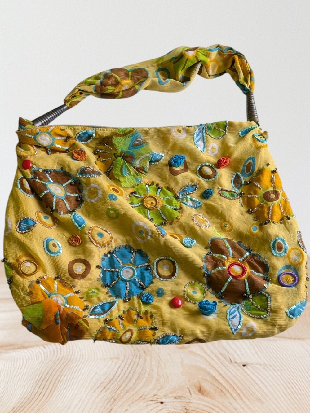 Yellow Floral Embroidered Shoulder Bag with Bead Accents